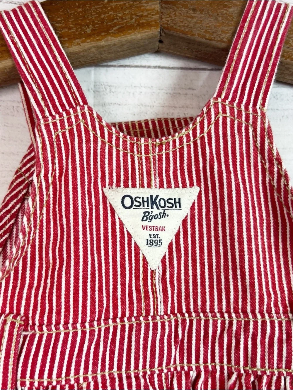 Oshkosh B’Gosh Overall Dress Striped Red White Pinstripe Size 12M Preppy Classic